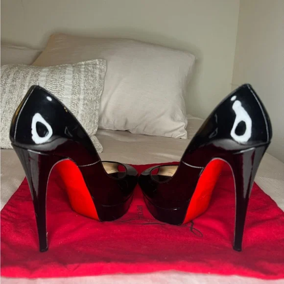 Christian Louboutin Glossy Black Peep Toe Heels - Picture 7 of 8
